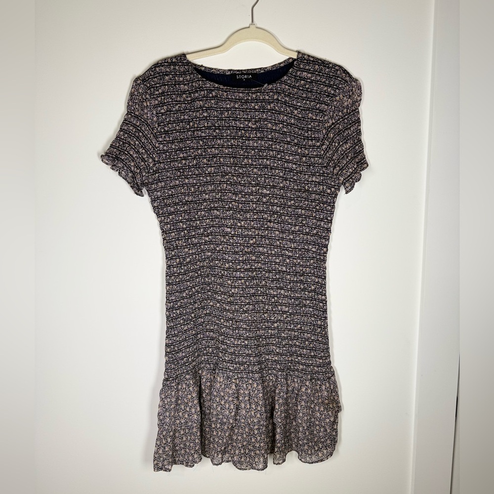 Storia Smocked Floral Ruffle Mini Dress Short Sleeve Ditsy Print Medium